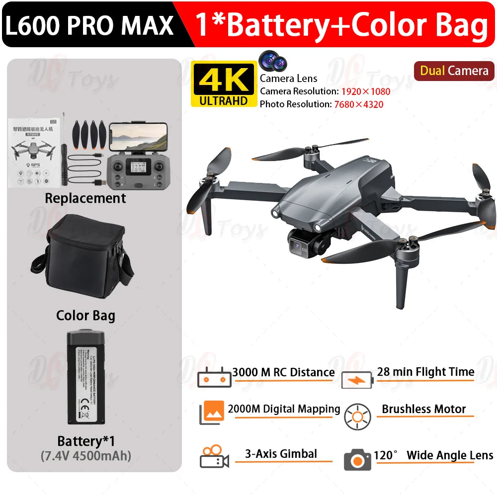 Dron Profesional L600 PRO MAX 4K GPS - Cámara Dual FPV 3KM Alcance con Pantalla