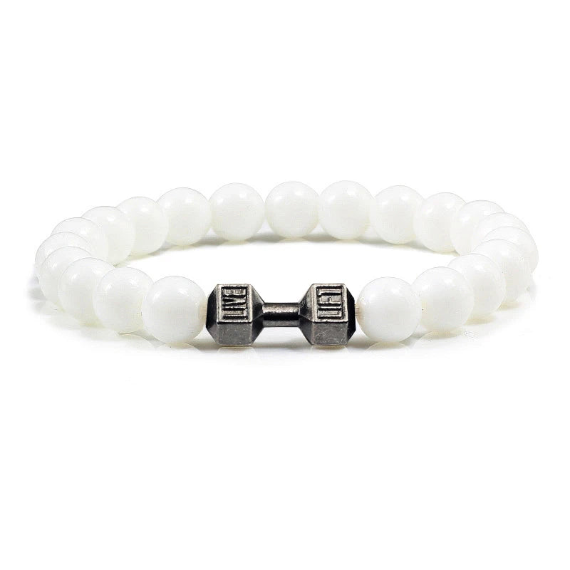 Pulsera de Piedra Volcánica Natural - Diseño Fitness con Charm de Mancuerna