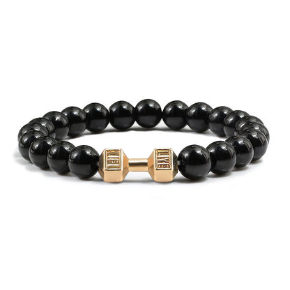 Pulsera de Piedra Volcánica Natural - Diseño Fitness con Charm de Mancuerna