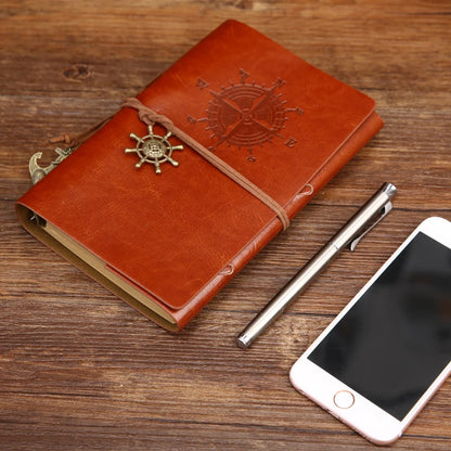 Vintage Leather Travel Journal - Spiral Notebook with Pirate Anchor Design - zyntrixe