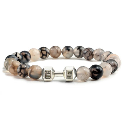 Pulsera de Piedra Volcánica Natural - Diseño Fitness con Charm de Mancuerna