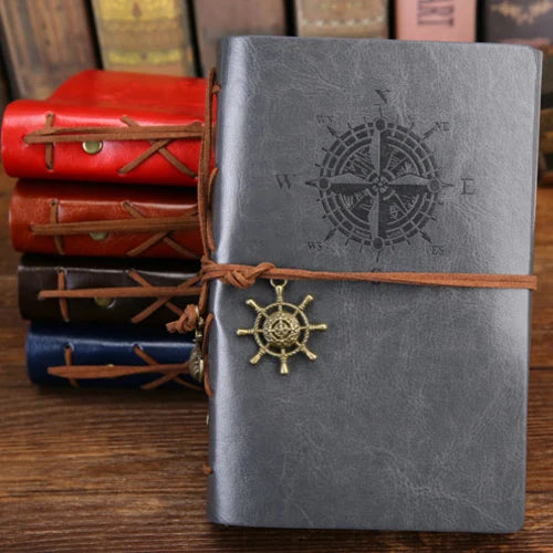 Vintage Leather Travel Journal - Spiral Notebook with Pirate Anchor Design - zyntrixe