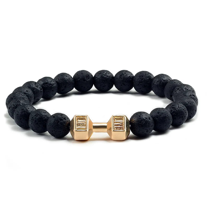 Pulsera de Piedra Volcánica Natural - Diseño Fitness con Charm de Mancuerna