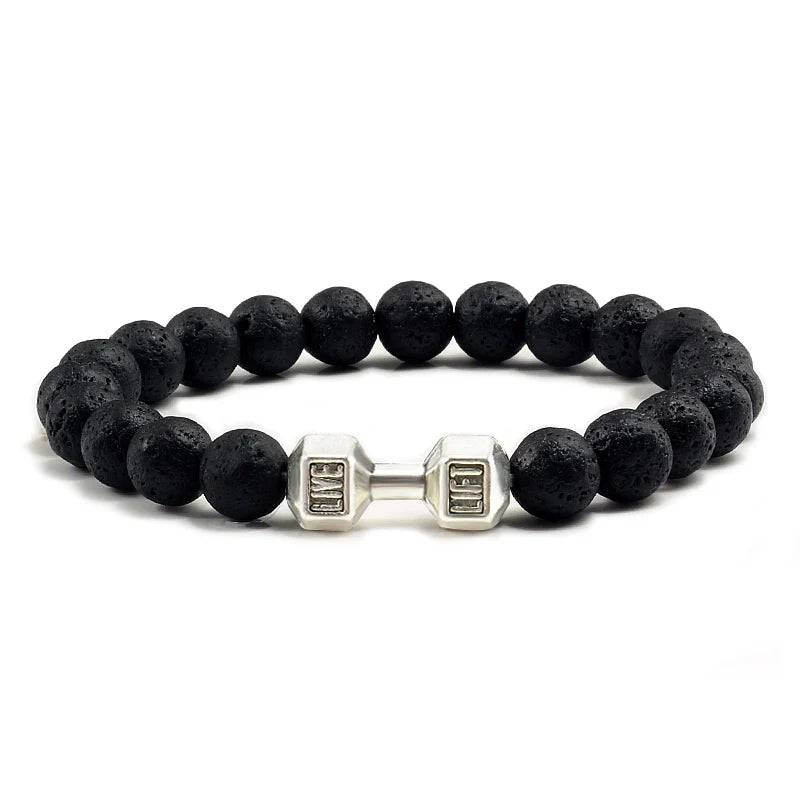 Pulsera de Piedra Volcánica Natural - Diseño Fitness con Charm de Mancuerna