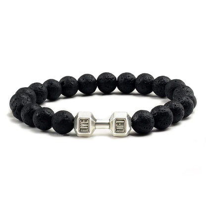 Pulsera de Piedra Volcánica Natural - Diseño Fitness con Charm de Mancuerna