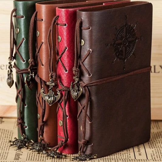 Vintage Leather Travel Journal - Spiral Notebook with Pirate Anchor Design - zyntrixe
