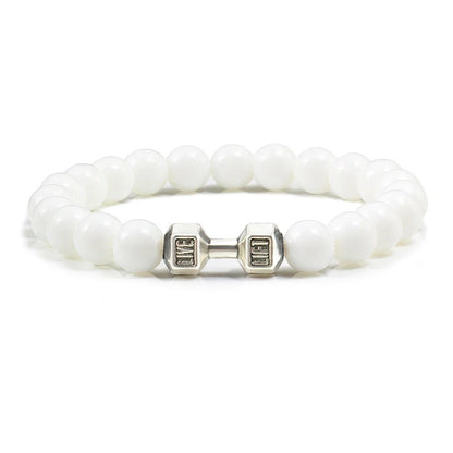 Pulsera de Piedra Volcánica Natural - Diseño Fitness con Charm de Mancuerna