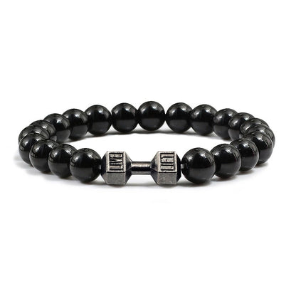 Pulsera de Piedra Volcánica Natural - Diseño Fitness con Charm de Mancuerna