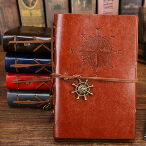 Vintage Leather Travel Journal - Spiral Notebook with Pirate Anchor Design - zyntrixe