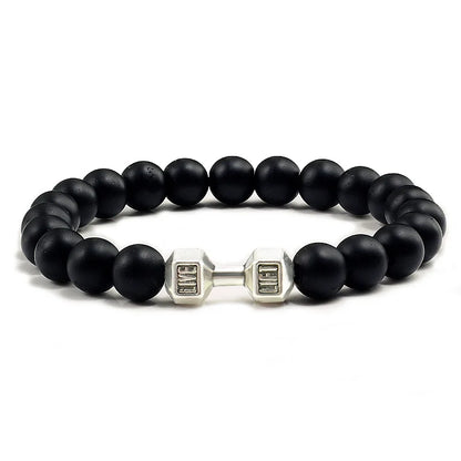 Pulsera de Piedra Volcánica Natural - Diseño Fitness con Charm de Mancuerna
