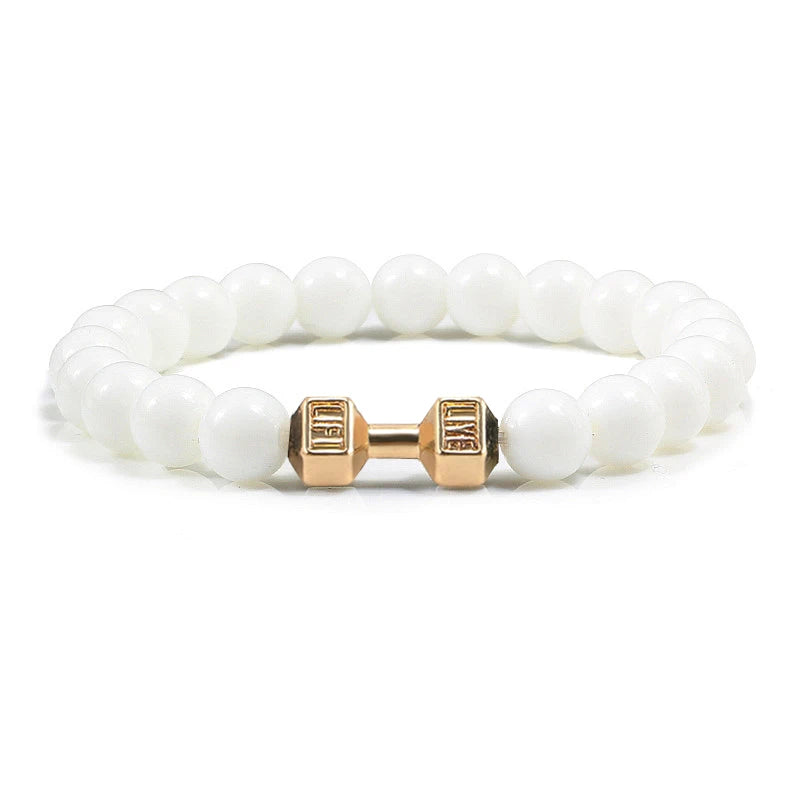Pulsera de Piedra Volcánica Natural - Diseño Fitness con Charm de Mancuerna