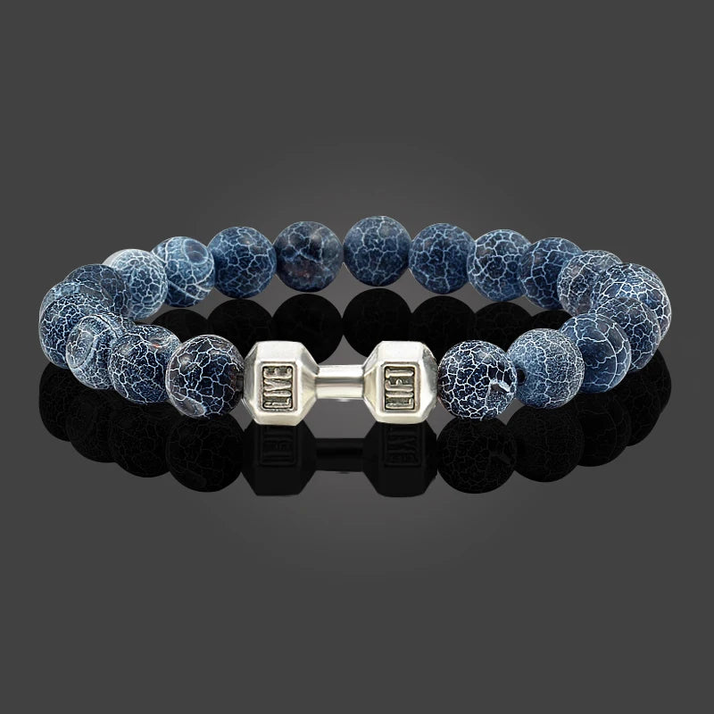 Pulsera de Piedra Volcánica Natural - Diseño Fitness con Charm de Mancuerna