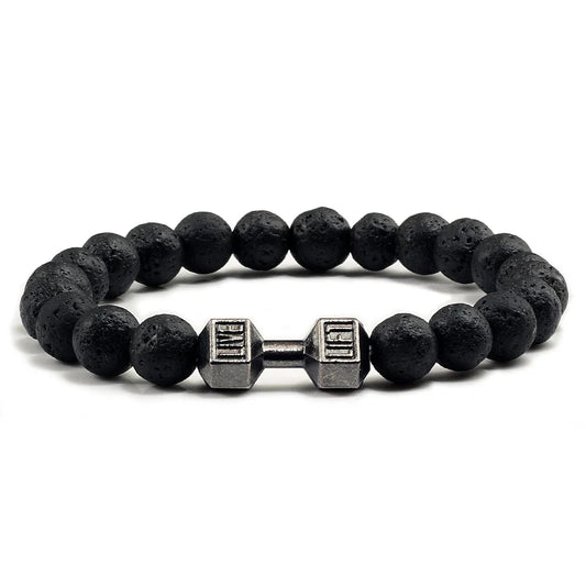 Pulsera de Piedra Volcánica Natural - Diseño Fitness con Charm de Mancuerna