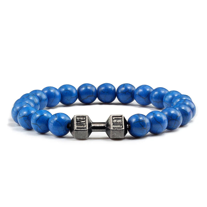 Pulsera de Piedra Volcánica Natural - Diseño Fitness con Charm de Mancuerna