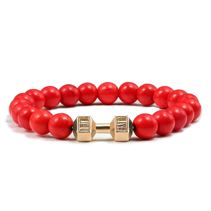 Pulsera de Piedra Volcánica Natural - Diseño Fitness con Charm de Mancuerna