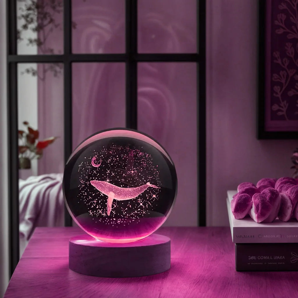 Bola de Cristal 3D Luna y Ballena con Luz LED - Decoración Moderna - zyntrixe