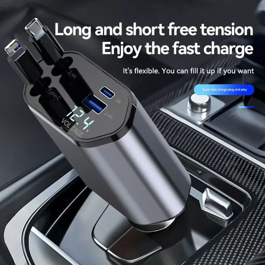 3-in-1 Retractable Car Charger USB Type-C Fast Charging Cable
