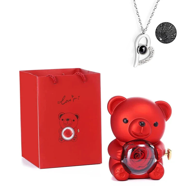 Rosa Eterna Preservada con Osito en Caja - Regalo Romántico Aniversario Boda
