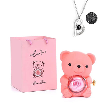 Rosa Eterna Preservada con Osito en Caja - Regalo Romántico Aniversario Boda
