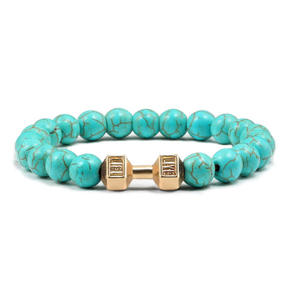 Pulsera de Piedra Volcánica Natural - Diseño Fitness con Charm de Mancuerna