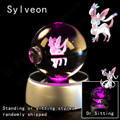 Pokemon 3D Crystal Ball Night Light - Pikachu Gengar Mewtwo LED Lamp with Rotating Base