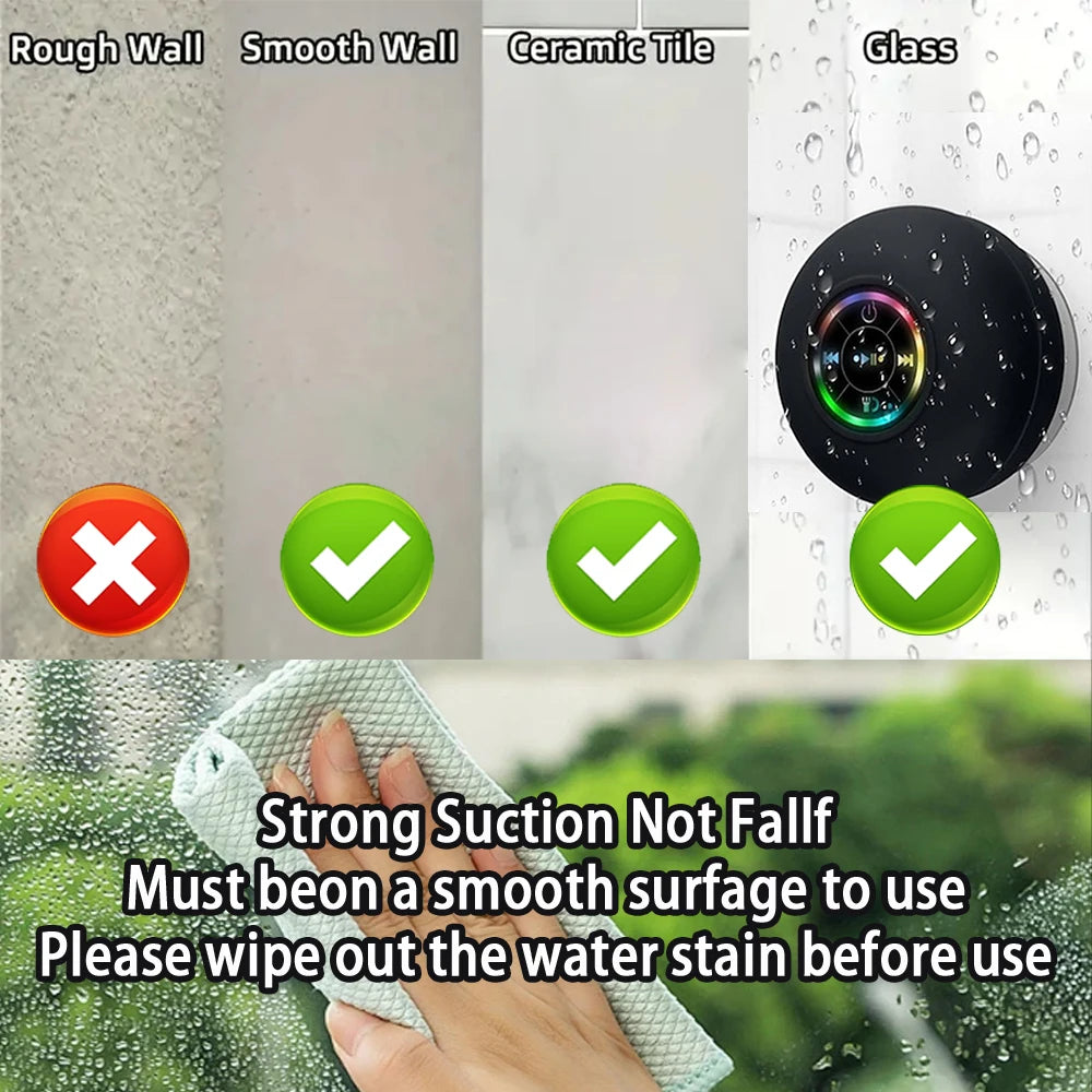 Portable Wireless Bluetooth Speaker IPX4 Waterproof with LED Light - Suction Cup for Bathroom & Outdoor