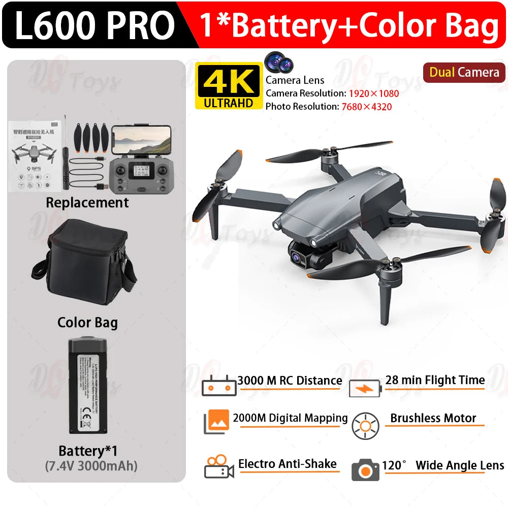Dron Profesional L600 PRO MAX 4K GPS - Cámara Dual FPV 3KM Alcance con Pantalla