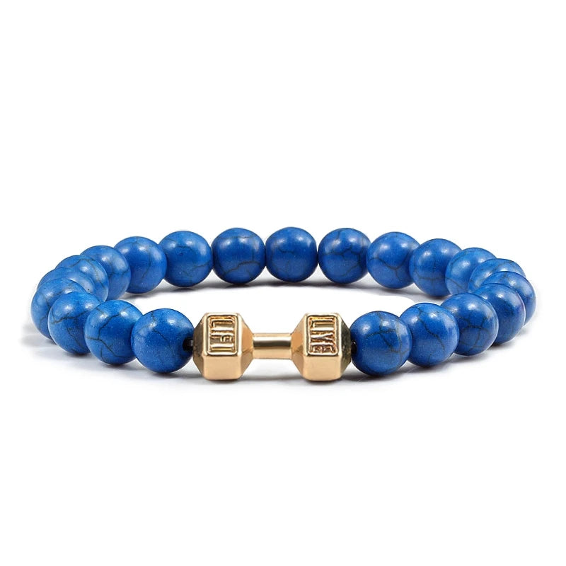 Pulsera de Piedra Volcánica Natural - Diseño Fitness con Charm de Mancuerna