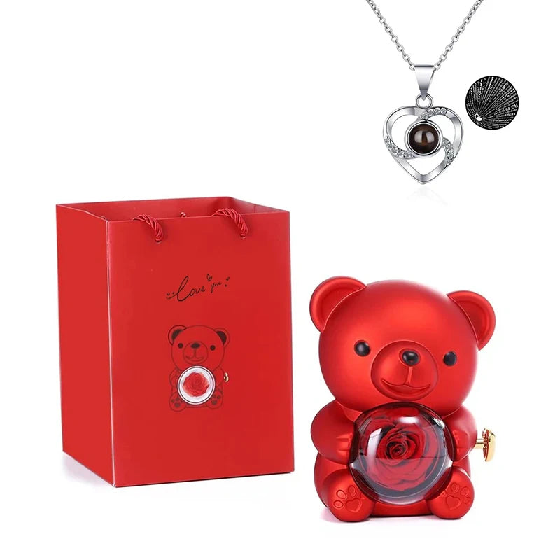 Rosa Eterna Preservada con Osito en Caja - Regalo Romántico Aniversario Boda