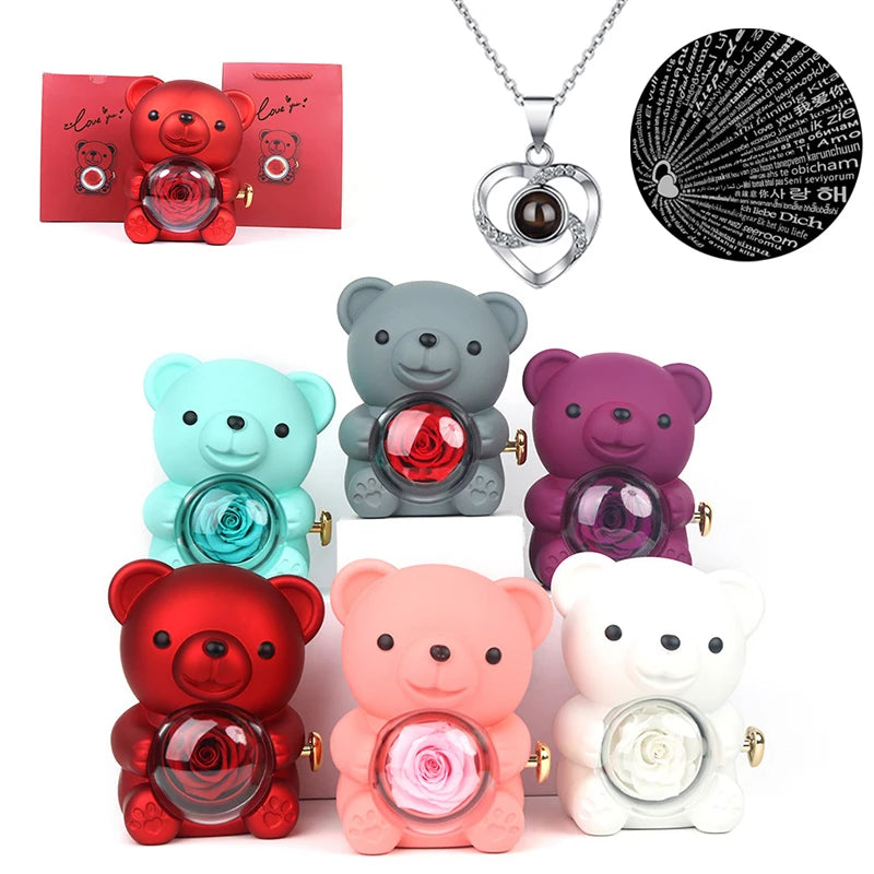 Rosa Eterna Preservada con Osito en Caja - Regalo Romántico Aniversario Boda