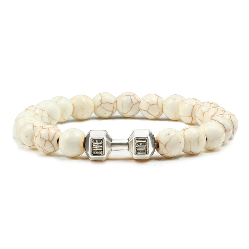 Pulsera de Piedra Volcánica Natural - Diseño Fitness con Charm de Mancuerna