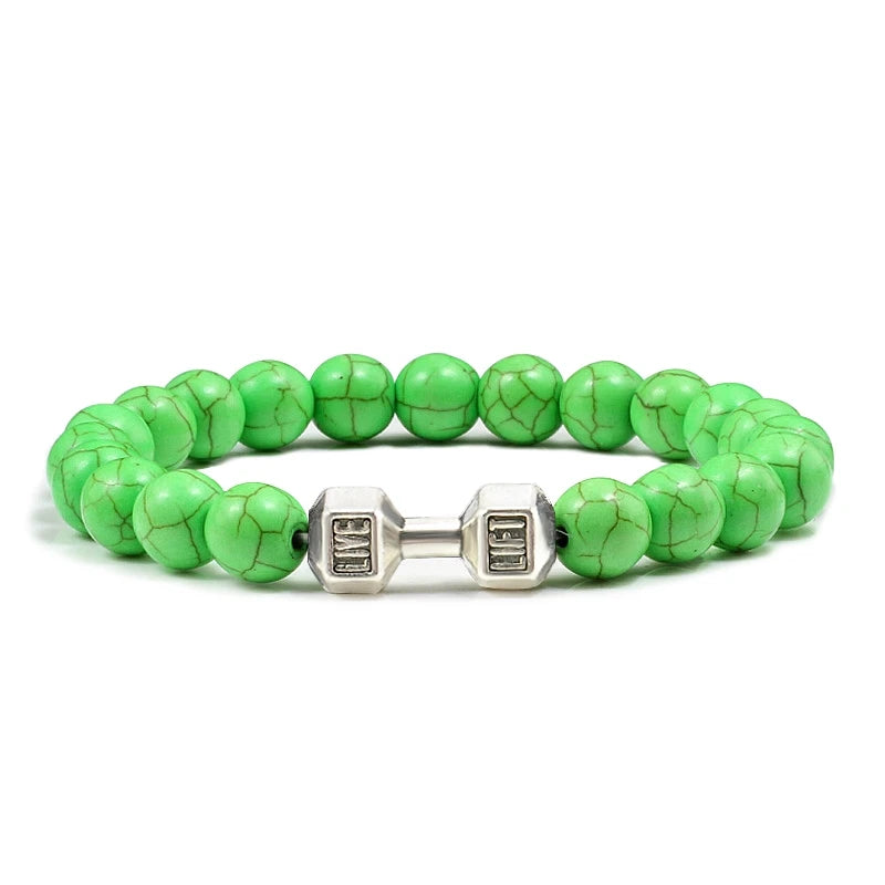 Pulsera de Piedra Volcánica Natural - Diseño Fitness con Charm de Mancuerna