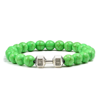 Pulsera de Piedra Volcánica Natural - Diseño Fitness con Charm de Mancuerna