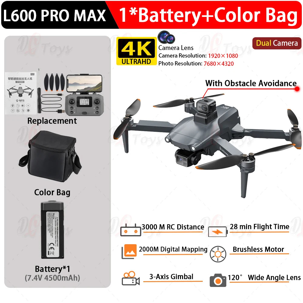 Dron Profesional L600 PRO MAX 4K GPS - Cámara Dual FPV 3KM Alcance con Pantalla
