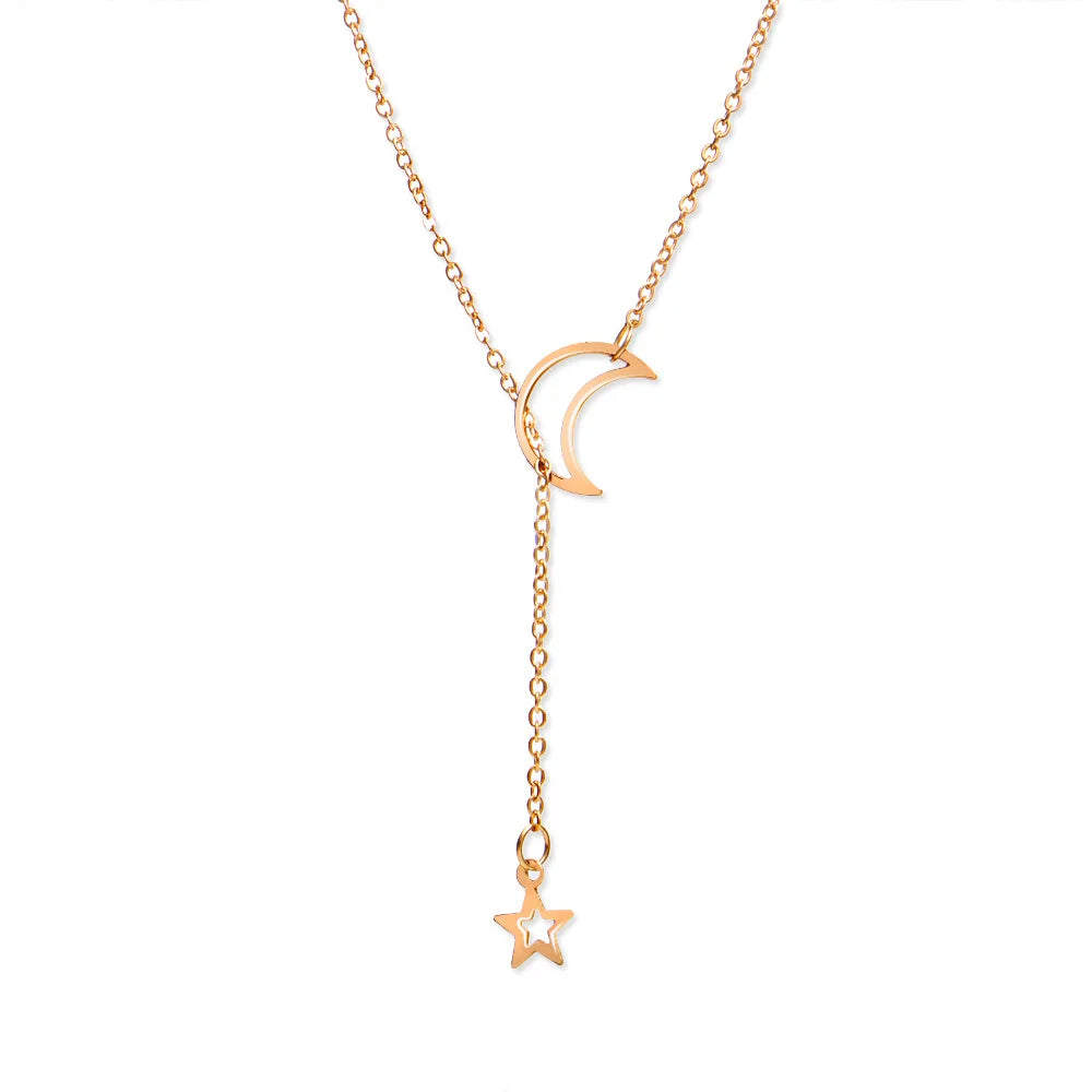 Moon & Star Pendant Choker Necklace - Gold Alloy Charm Chain - zyntrixe