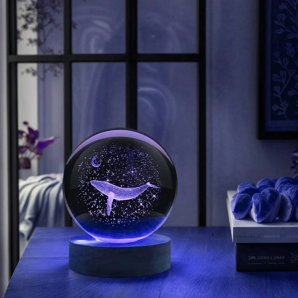 Bola de Cristal 3D Luna y Ballena con Luz LED - Decoración Moderna - zyntrixe