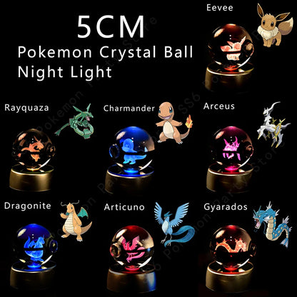 Pokemon 3D Crystal Ball Night Light - Pikachu Gengar Mewtwo LED Lamp with Rotating Base