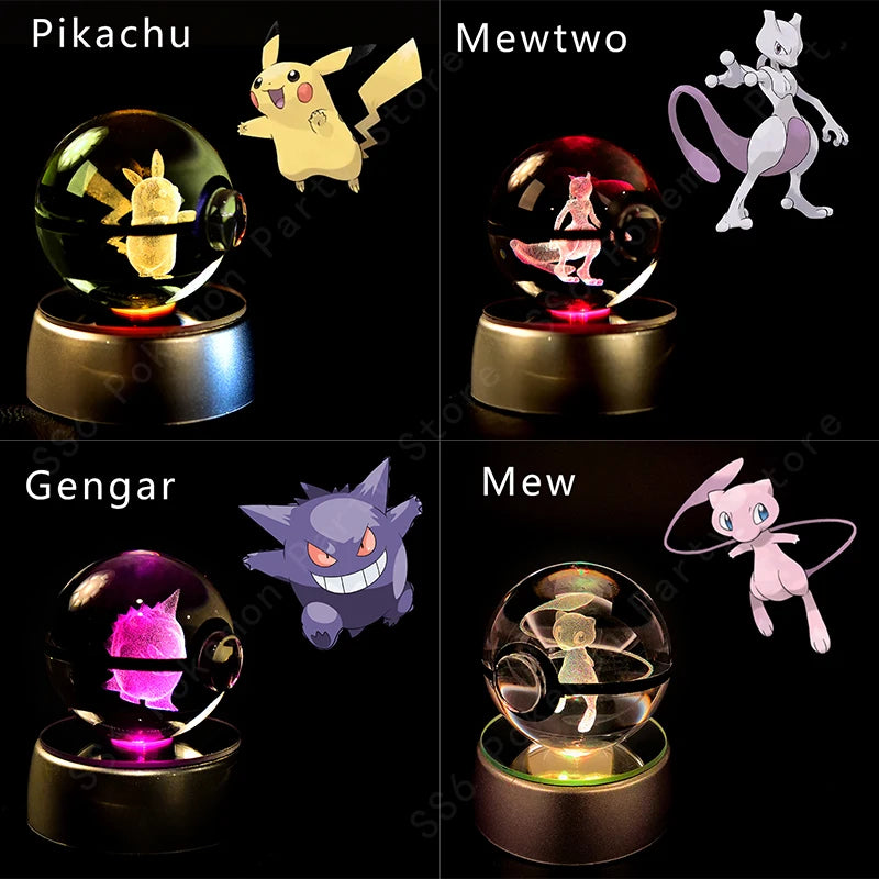 Pokemon 3D Crystal Ball Night Light - Pikachu Gengar Mewtwo LED Lamp with Rotating Base