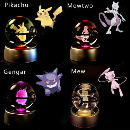 Pokemon 3D Crystal Ball Night Light - Pikachu Gengar Mewtwo LED Lamp with Rotating Base