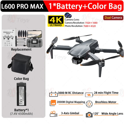 Dron Profesional L600 PRO MAX 4K GPS - Cámara Dual FPV 3KM Alcance con Pantalla