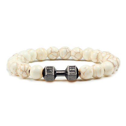 Pulsera de Piedra Volcánica Natural - Diseño Fitness con Charm de Mancuerna
