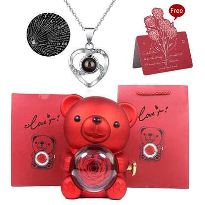 Rosa Eterna Preservada con Osito en Caja - Regalo Romántico Aniversario Boda