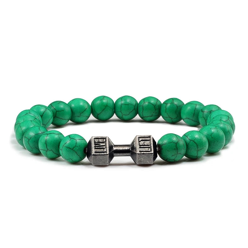 Pulsera de Piedra Volcánica Natural - Diseño Fitness con Charm de Mancuerna