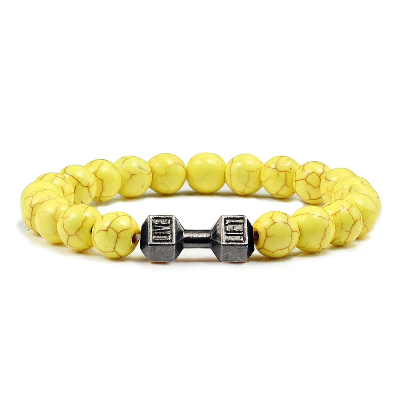Pulsera de Piedra Volcánica Natural - Diseño Fitness con Charm de Mancuerna