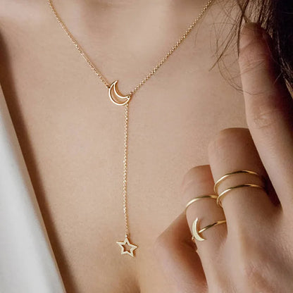 Moon & Star Pendant Choker Necklace - Gold Alloy Charm Chain - zyntrixe