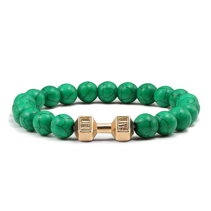 Pulsera de Piedra Volcánica Natural - Diseño Fitness con Charm de Mancuerna