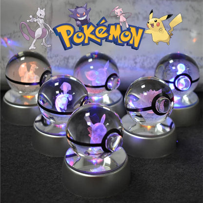 Pokemon 3D Crystal Ball Night Light - Pikachu Gengar Mewtwo LED Lamp with Rotating Base