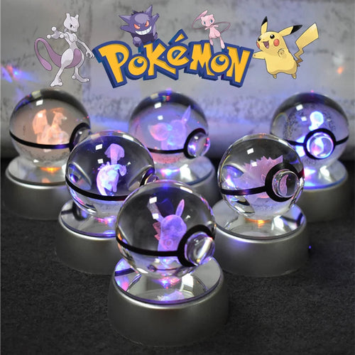 Pokemon 3D Crystal Ball Night Light - Pikachu Gengar Mewtwo LED Lamp with Rotating Base