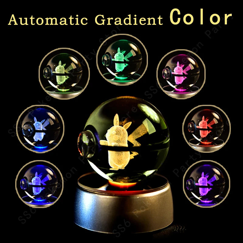 Pokemon 3D Crystal Ball Night Light - Pikachu Gengar Mewtwo LED Lamp with Rotating Base