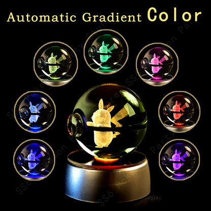 Pokemon 3D Crystal Ball Night Light - Pikachu Gengar Mewtwo LED Lamp with Rotating Base